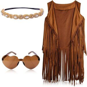 Hippie Costume Set Suede Fringe Vest Accessories Festival Cosplay